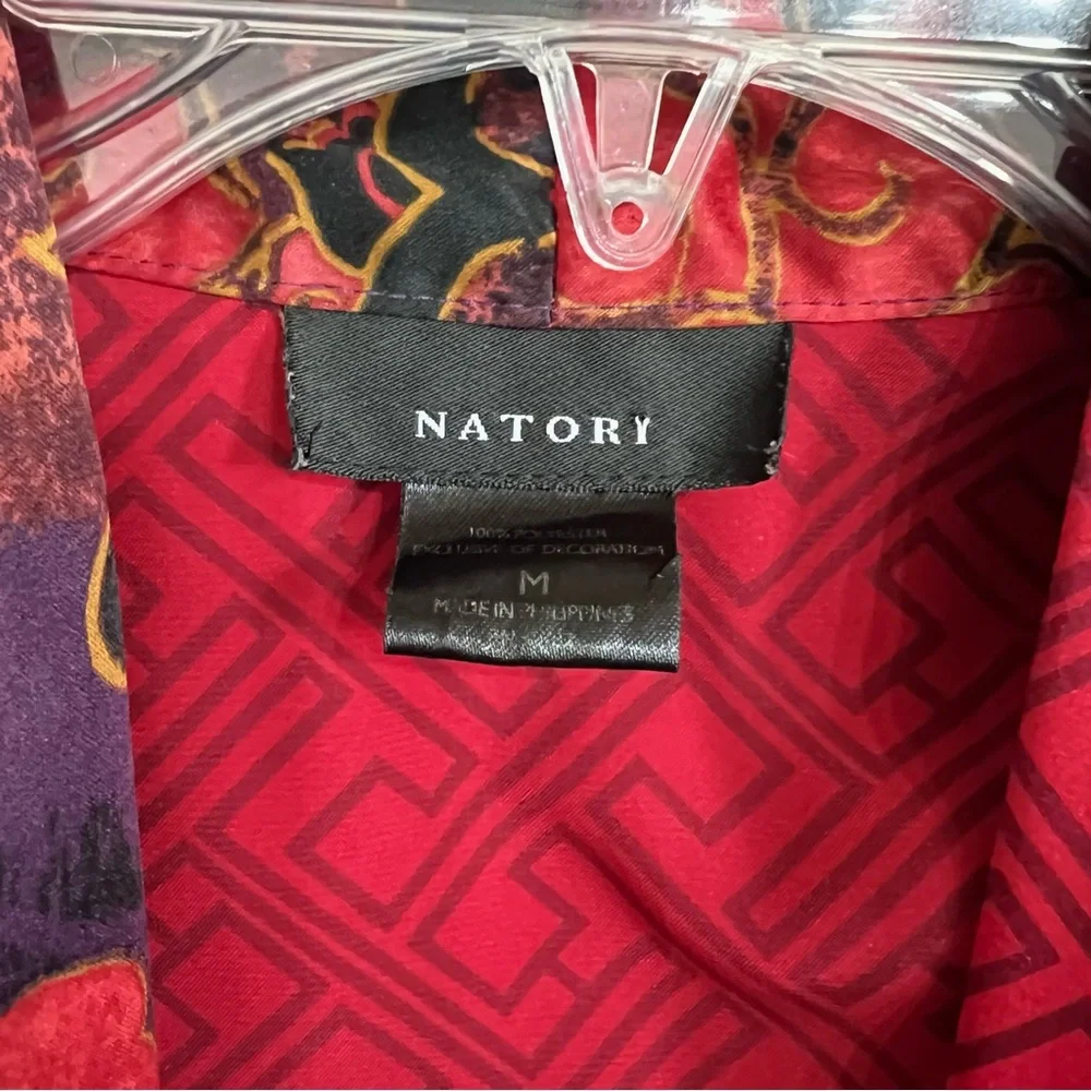 Natori Belted Satin Kimono Robe Womens M Dark Red Floral Accent Greek Key Print
